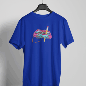 Blue t-shirt with a pink and teal cassette tape tangled in tape, with a pencil inserted for rewinding