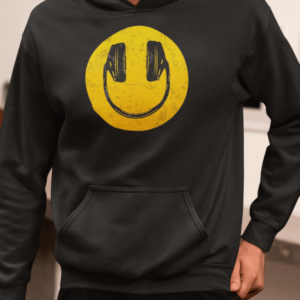 Black hoodie with yellow smiley face wearing headphones