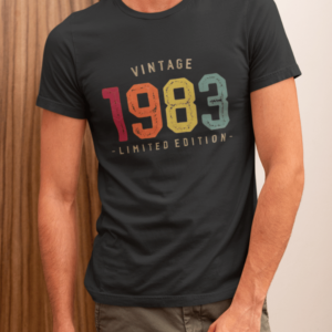 Black t-shirt with colorful retro "Vintage 1983" print