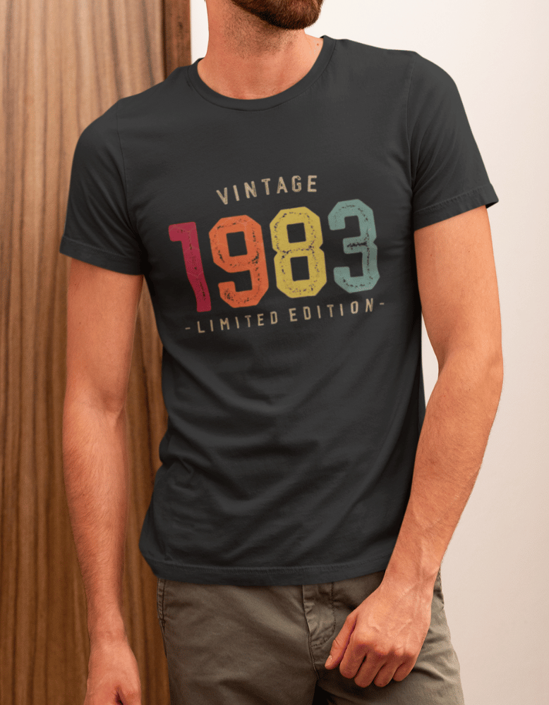 Black t-shirt with colorful retro "Vintage 1983" print