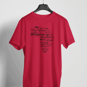 Red t-shirt with Afrikaans word cloud design shaped like Africa