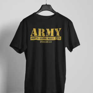 Black Christian youth t-shirt with gold ARMY and Ephesians 6:13 verse