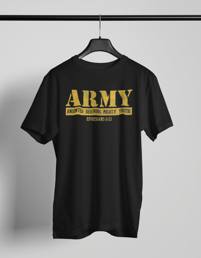 Black Christian youth t-shirt with gold ARMY and Ephesians 6:13 verse