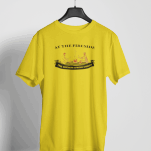 Yellow t-shirt with 'At The Fireside' and Southern African storytelling design