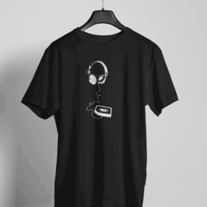 Black t-shirt with an illustrated cassette tape and vintage headphones connected by a curled cord