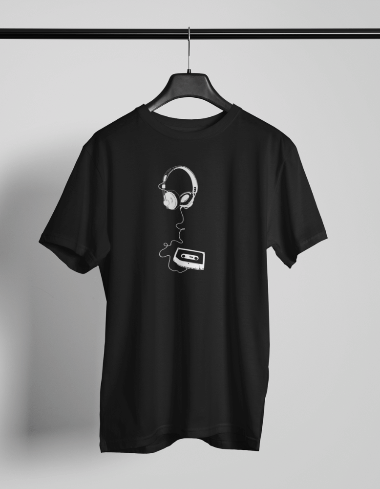 Black t-shirt with an illustrated cassette tape and vintage headphones connected by a curled cord