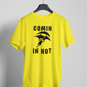 Comin’ In Hot Fortnite glider yellow t-shirt on hanger mockup