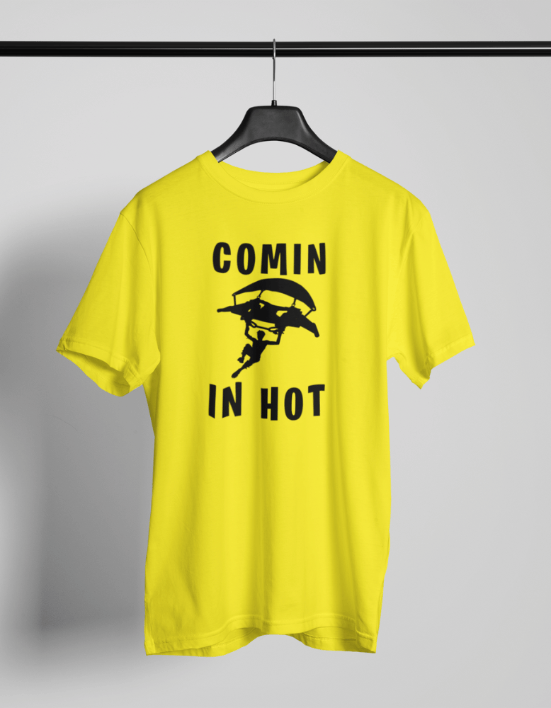 Comin’ In Hot Fortnite glider yellow t-shirt on hanger mockup