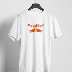 Dead Bull Red Bull logo parody white t-shirt with funny design