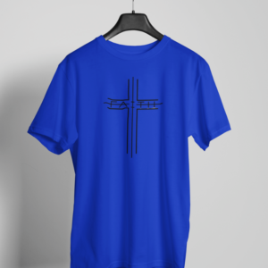 Royal blue Christian t-shirt with minimalist cross and Faith lettering