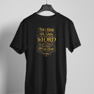 Black Christian t-shirt with ornate gold Jeremiah 29:11 typography