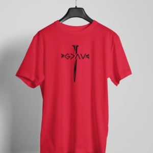 Red Christian t-shirt with nail cross design spelling Forgiven