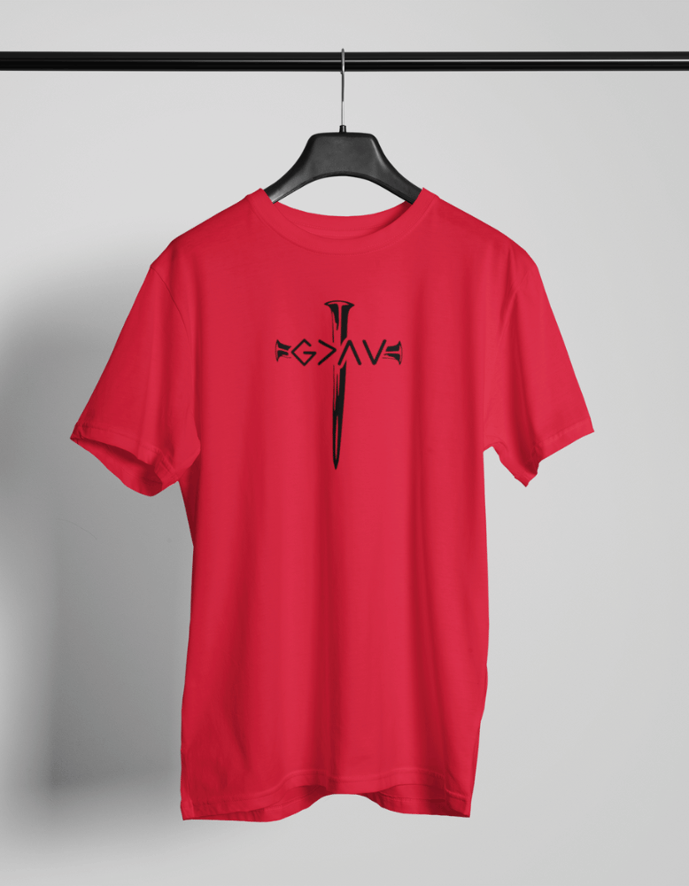 Red Christian t-shirt with nail cross design spelling Forgiven