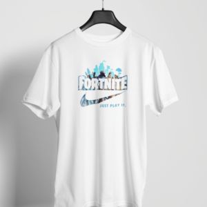 White Fortnite Just Play It t-shirt with gaming character collage and slogan