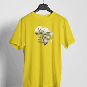 Yellow t-shirt with African map filled with wildlife, protea flowers, and acacia trees