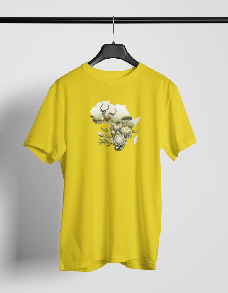Yellow t-shirt with African map filled with wildlife, protea flowers, and acacia trees