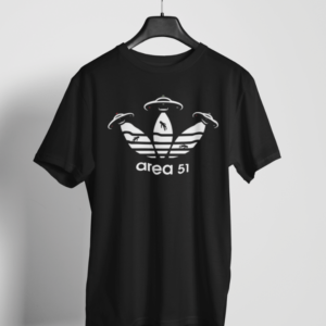 Black t-shirt with alien UFO and Area 51 parody of Adidas logo