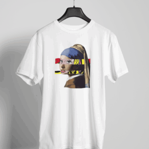 White t-shirt with pop art remix of Girl with a Pearl Earring in bold color stripes