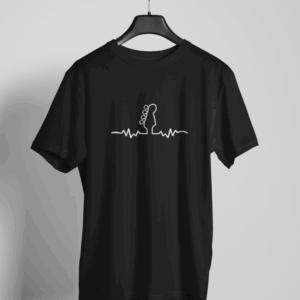 Black t-shirt with minimalist heartbeat line forming a guitar silhouette in white