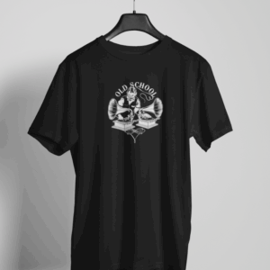 Black t-shirt featuring a vintage-style DJ mixing on two gramophones with 'Old School' text above