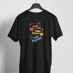Black t-shirt with three colorful retro cassette tapes in a stacked graffiti design