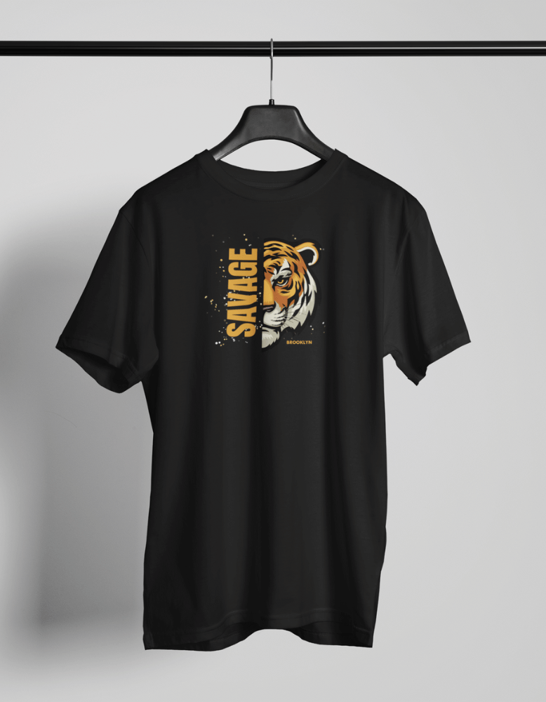 Black t-shirt with half tiger face, bold SAVAGE lettering, and Brooklyn streetwear design