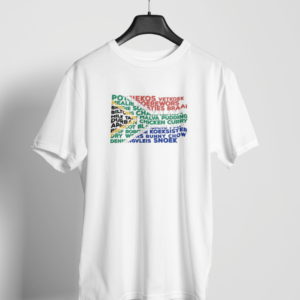 South African food flag design on a white t-shirt with Mzansi dish names