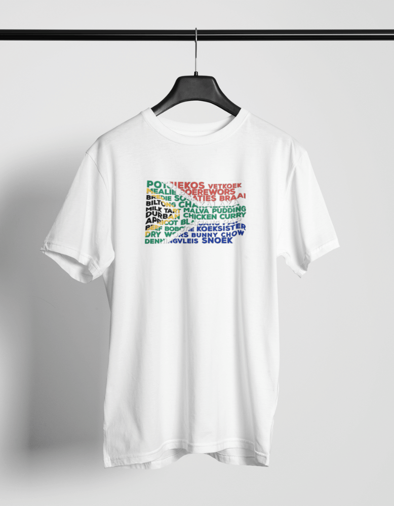 South African food flag design on a white t-shirt with Mzansi dish names