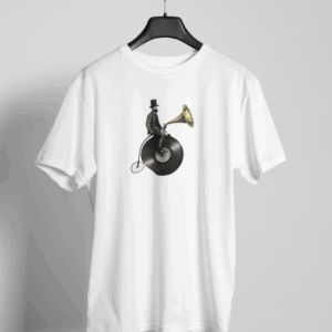 White t-shirt with a surreal vintage design of a man riding a bicycle with a vinyl record wheel and a gramophone speaker