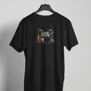 Black t-shirt with a vintage-style drum kit sketch in retro red, cream, and teal colors