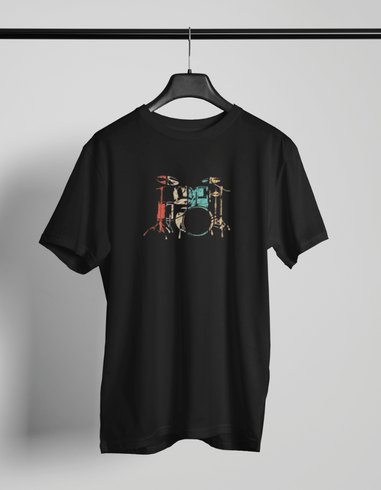 Black t-shirt with a vintage-style drum kit sketch in retro red, cream, and teal colors